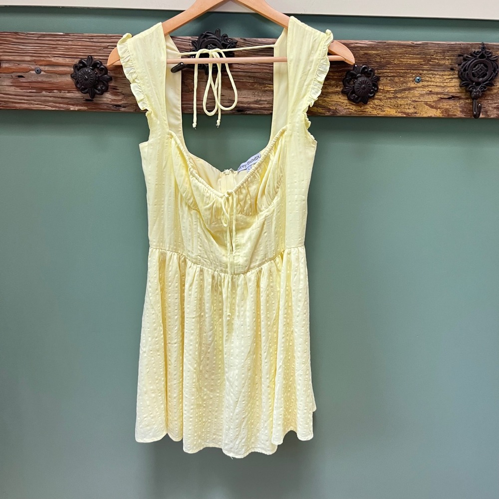 Grey Bandit Yellow Lemon Drop Milk Maid Ruffle Mini Dress Sweetheart Neckline L